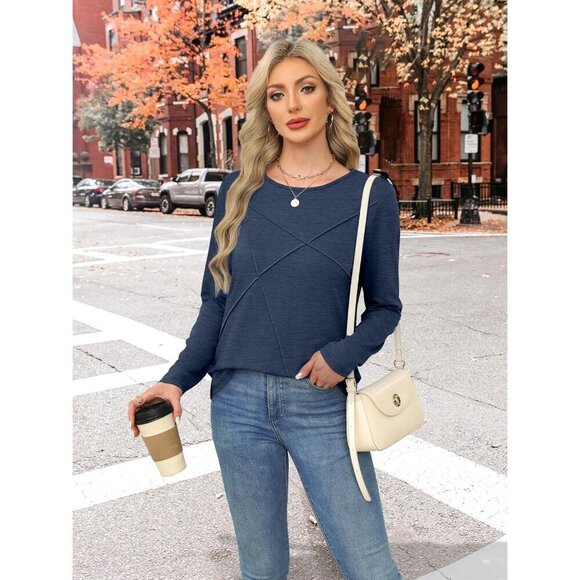 Long Sleeve Shirt Women Business Casual Pleated Crewneck Fall Top Medium - Picture 4 of 4